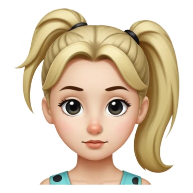 A side photo of a girl with a ponytail and a big black dot on her cheek with a pointy nose sticker