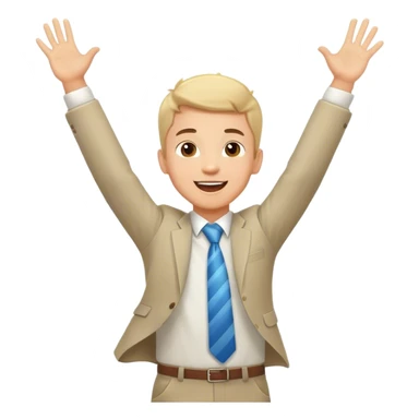 A business man boy who is happy and jumping high with hands up and hurray sticker