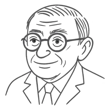 Enhance the hand-drawn look of the Jean-Paul Sartre black outline drawing by adding a bit more strokes, keeping it clean and not overly busy. Maintain the neutral smile, round glasses, and transparent background. sticker