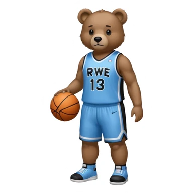 Bear with full body and wearing basketball black and light blue jersey that says RWE  sticker