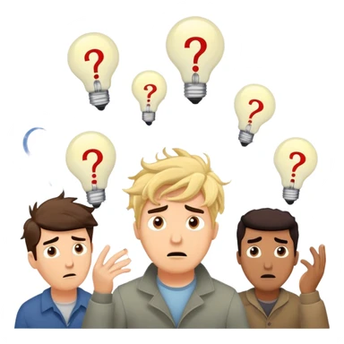 Group of men with chaotic minds, swirling tornadoes of tangled thoughts around their heads, containing question marks, light bulbs, and scribbles. The men have bewildered, overwhelmed expressions. sticker