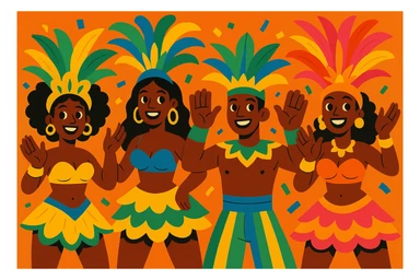 Black samba dancers, beckoning with hands, rhythmic, festive, traditional samba attire, cheerful expression sticker