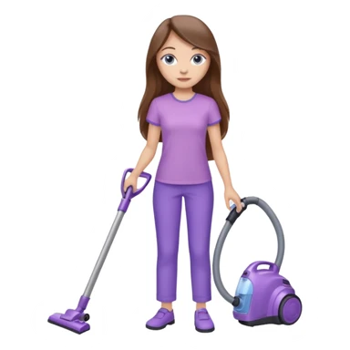 beautiful girl with long brown hair, blue eyes and wearing light purple clothes, cleaning and vacuuming sticker