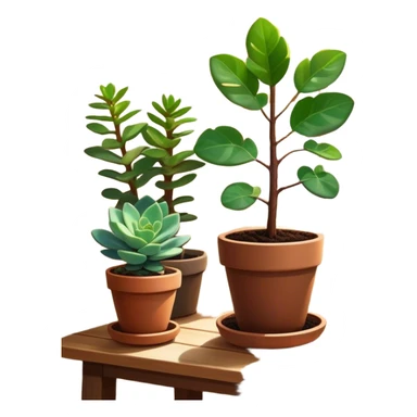 Close-up of a potted sapling in rich soil surrounded by vibrant plants and succulents. Bright sunlight filters through the window, casting soft shadows. Nearby gardening tools rest on a wooden table. Cozy indoor atmosphere with greenery and flowers. sticker