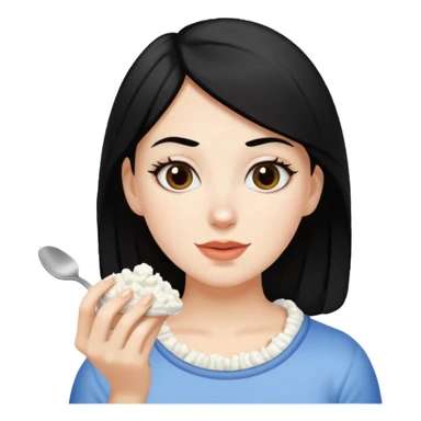 A white girl with black hair eating cottage cheese sticker