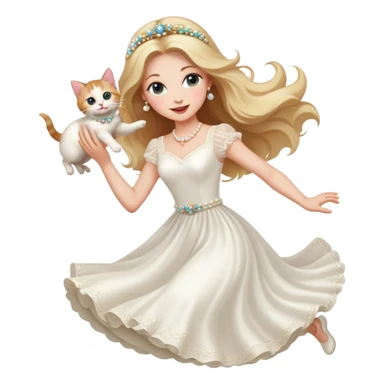 White woman - long hair - white wedding dress - holding a kitten - happy - jumping - fashionable - elegant - bouquet - dreamy - colorful - pearl accessories sticker
