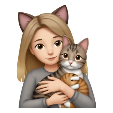 Une femme avec les cheveux dégradée, brun et blond, qui fait un câlin à son chat gris, tigré avec les extrémités que pattes pointe d’oreilles noires et le dessous du menton blanc la fille n’a pas d’oreilles, il n’y a qu’un seul chat sticker