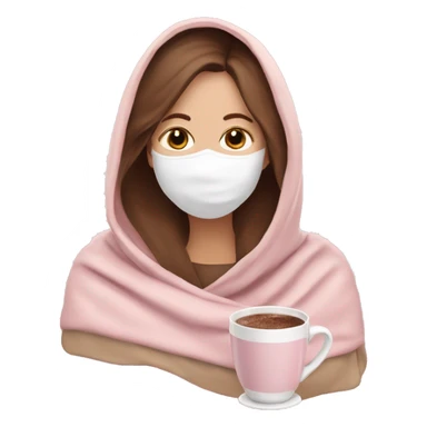 white woman with brown hair with face mask inside a baby pink to beige blanket sipping hot chocolate  sticker