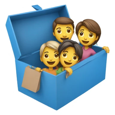 3 people in a blue cardboard box with temperature display sticker