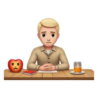 a man sits sadly at a table, a house burning fiercely behind him, apple style emoji sticker