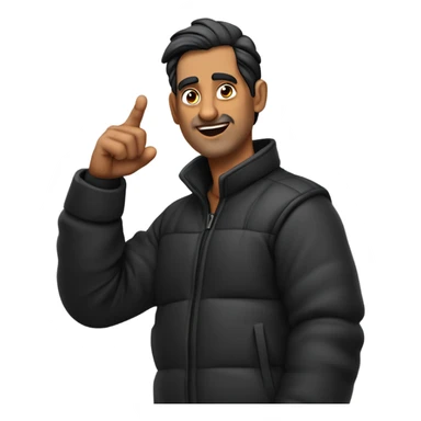 Indian man wearing a black puffer with sleeves rolled up to his mid forearm with black hair and in his 50s with receded hairline and no beard who is talking while pointing with his right arm and talking to the right side sticker
