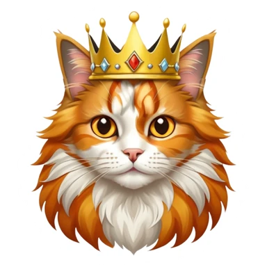 calico maine coon cat with orange, black and white patches wearing a golden crown sticker
