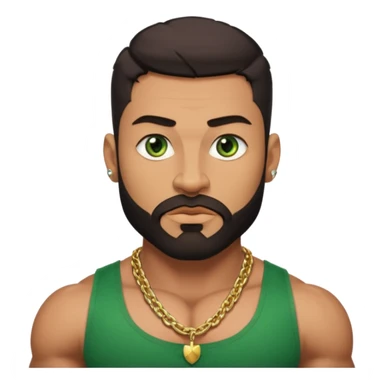 green eyes, dark short hair, muscular shoulders, wide cross, gold chain, big lips big nose big eyes, masculine good looking, dark beard, muscular strong looking sticker