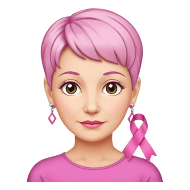 Mature Woman with pixiecut wearing earrings of pink ribbons sticker