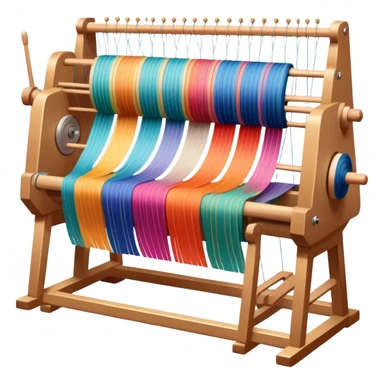 Weaving icon, loom with colorful fabric being woven, visible shuttle, spools of yarn, fabric swatches, sewing patterns, and finished clothing items, minimalistic style, clean lines, transparent background. sticker