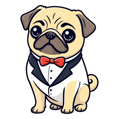 pug in a make it black tuxedo, cartoon sticker sticker