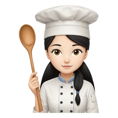 
A beautiful girl wears a white chef's uniform. Her long, straight black hair is styled in a ponytail. She wears a white chef's hat and holds a wooden cooking spoon. She is standing and wearing black shoes. The illustration style is 2D realistic.. sticker
