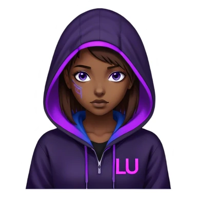 girl brown hair blue eyeswearing black hoody with violet letters "Lu" in the hood without a face. Cyberpunk style. Violet neon. sticker