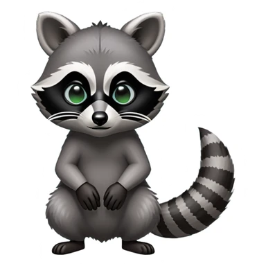 Cinematic-Raccoon-Realistic-hunched Full-Body on all fours-Emoji – Tail flicking lazily, head tilted dramatically, thick grey fur with a signature black mask, sharp and alert ears, simplified yet realistic focused features, highly detailed, glowing with an almost sarcastic glow. sticker
