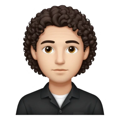 He’s a young man with light to medium skin, a defined oval face, full brows, deep-set eyes, and voluminous curly dark brown hair styled with height. expression calm and focused relaxed black open-collar shirt.polished, articulate, and professional vibe. sticker