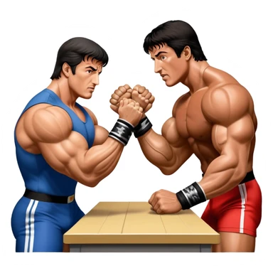 Iconic scene from the movie Over the Top, featuring Sylvester Stallone in a fierce arm wrestling match, symbolizing powerlifting. Stallone flexes his muscles while gripping the arm of his opponent, the intense battle for strength showcased with dramatic lighting. Transparent background. sticker