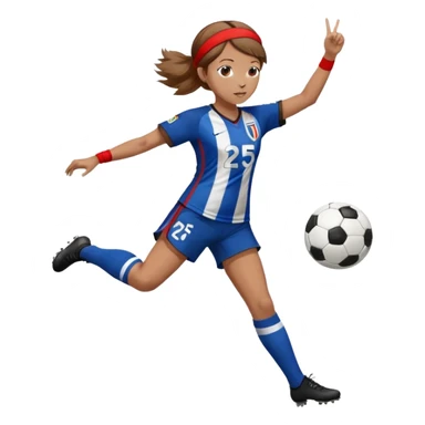 a girl with semi light brown hair with a number 25 jersey kicking a soccer ball in a blue and black striped uniform with a red headband that says Victory. sticker