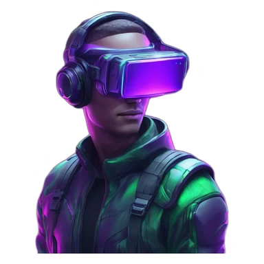 A hiperrealistc cyberwear futuristic metaverse Man playing with holograms cyberwear techwear green and purple neon perfect lights add a Futuristic cyberpunk metaverse headset sticker