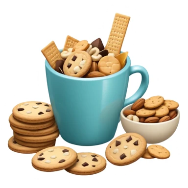 3D minimal icon with a variety of snacks (chips, cookies, crackers, nuts) arranged abundantly, plus a small neutral cup (not a soda cup). Include a subtle accent in #FF3D00. Clean and modern style. sticker