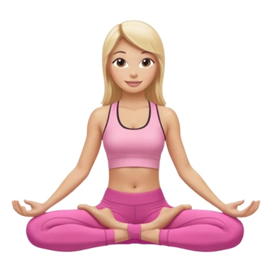 Mujer color de piel moreno con cabello rubio suelto y lacio y largo, que tenga gloss en los labios y se vea usando Blush rosita, usando un top rosa deportivo y leggins deportivo rosa en una pose de yoga sentada, viendo hacia enfrente con ojos negros y sonriendo sin mostrar los dientes sticker