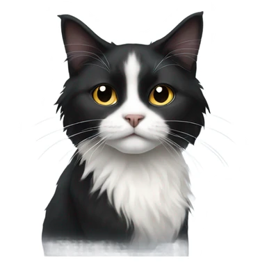 Long haired black and white tuxedo cat with black nose sticker