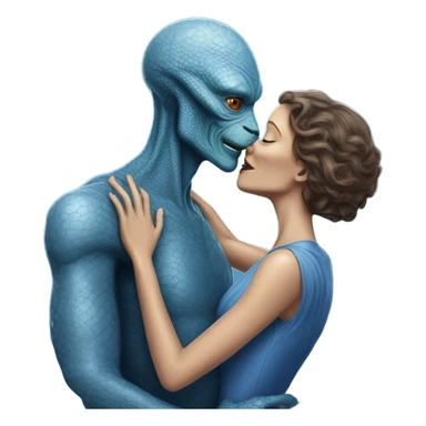 White man in blue dress  hugs and kissing Alien reptilian woman in silver dress  sticker