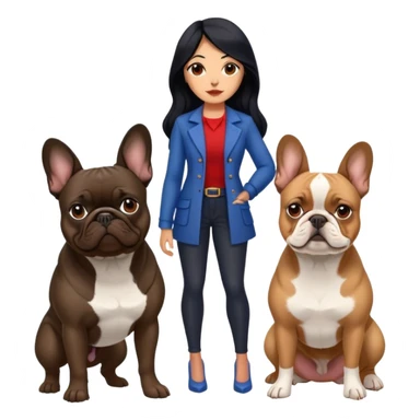 latin woman with long black hair standing alongside two French bulldogs  sticker