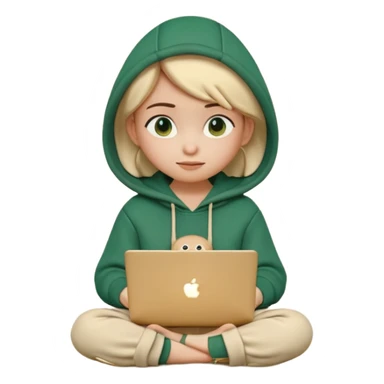 3D clay render character sitting with laptop, rounded cute design, deep green (#0B3D2C) hoodie, cream laptop, gold accents, Pixar style, transparent background sticker
