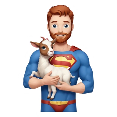 Full body Adult Superman Blue Eyes Scruffy Redish hair and redish trimmed Beard Muscle happy holding a blue happy baby goat sticker