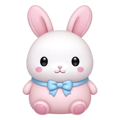 A fat bunny in authentic Sanrio style exactly like Hello Kitty and My Melody, super simplified features, extremely kawaii, tiny body with oversized head, minimal dot eyes, no nose, tiny simple mouth, pastel pink and baby blue colors, clean bold black outlines sticker