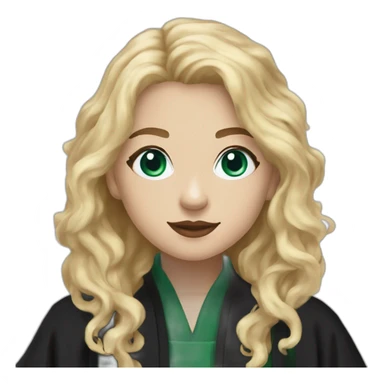 Girl Blue eyes black Slytherin robes with short wavy ash blonde hair eating chips and cheese hogwarts robe sticker