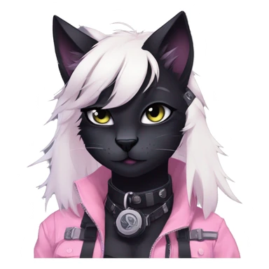 Gorgeous furry dark cyberpunk techwear anime style anthro black cat fursona with blushing face aesthetic and pretty edgy black with collar and harness trending style sticker