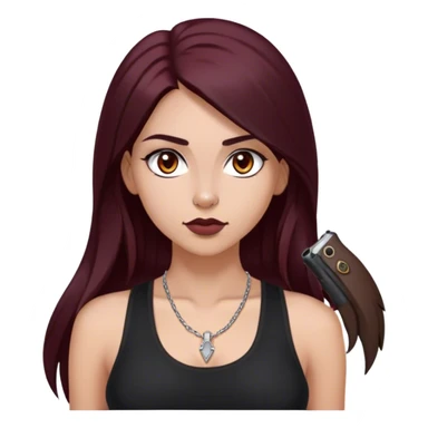 emoji of girl with two black glocks in hands with a black tank top gorgeous girl y2k with maroon dark long hair in a middle part with straight nose hazel eyes medium perfect eye brows with  a nose ring silver on the right nostril  sticker
