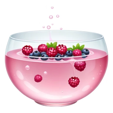 A clear glass bowl filled with bubbly light pink liquid with chunks of various berries floating in it sticker