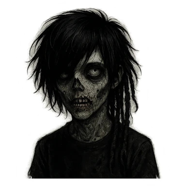 boy zombie with black medium-long shaggy hair and dreads, emo style, dark and spooky, creepy face sticker