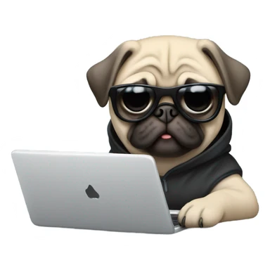 Pug wearing a black hoodie and using a laptop and wearing sunglasses sticker