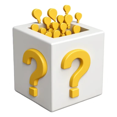 white cube shaped box printed with "q&a" over stuffed with yellow question marks sticker