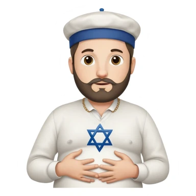 Pregnant Jewish man facing left with hands on belly, wearing a kippah and Star of David necklace, with facial hair sticker