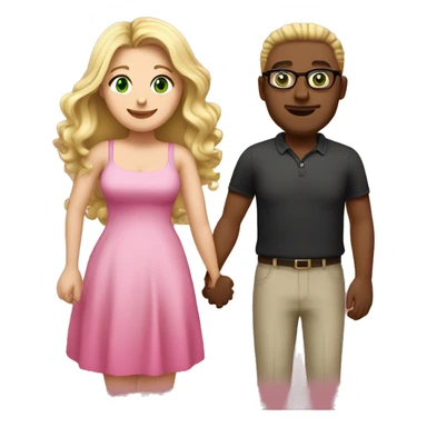 Curvy woman with long blonde hair and green eyes wearing a pink dress and holding hands with a brown man with short curly black hair and glasses sticker