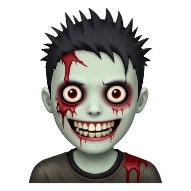 zombie boy with emo spiky hair, white skin, and white eyes; an open smile, and bloodied teeth; sticker