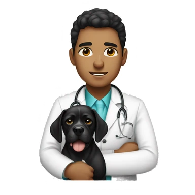 Young Mexican doctor with big black boxer dog with white face sticker