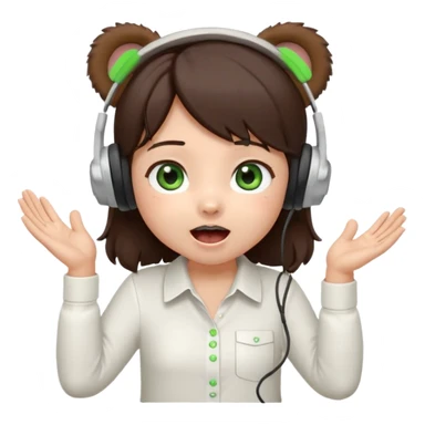 Chibi girl, dark brown hair, green eyes, wearing a white shirt and small brown bear ears on a headset, with wide happy surprised eyes and mouth and clapping excitedly sticker