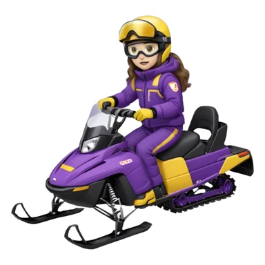 Brown, long wavy hair, ski-doo jacket and pants ski doo boots helmet and goggles, dark purple sled Sitting on dark purple snowmobile goggles and helmet not covering my face brown eyes white skin dark purple formula 1995 snowmobile sticker