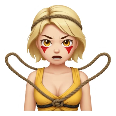 woman bound with rope around her chest, angry face, emoji style sticker