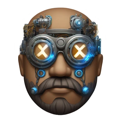 Bearded Fat bald cyborg head with brown skin, blue steampunk goggles and circuits sticker